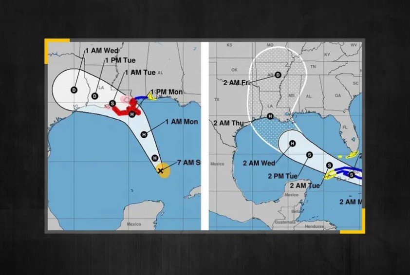 From left, current forecast models show Hurricane Marco making landfall near Texas and Louisiana on Monday afternoon, followed by Tropical Storm Laura also arriving in the area as a hurricane early Thursday.

With two storms gaining strength in the Gulf of Mexico, Abbott on Sunday declared a state of disaster in coastal counties and warned Texans to remember coronavirus health guidelines.